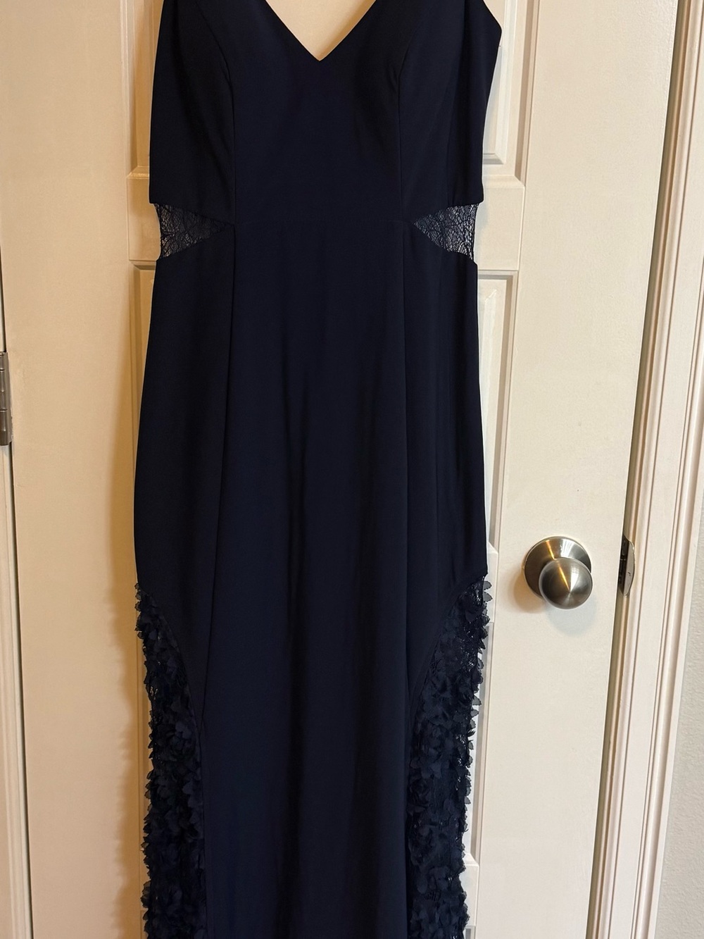 Betsy & Adam Navy V-Neck Maxi Dress with Lace Insets